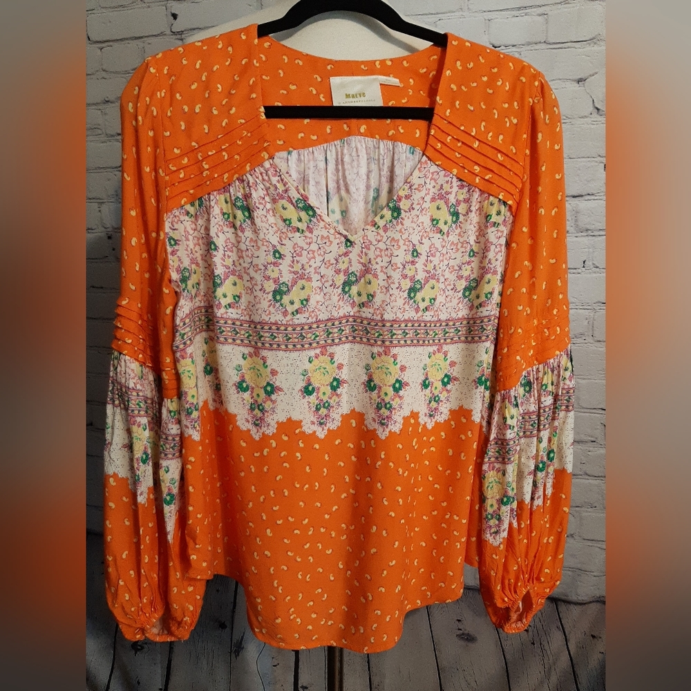 Maeve Anthro  sz S oversized  boho  orange yellow  long sleeve shirt blouse